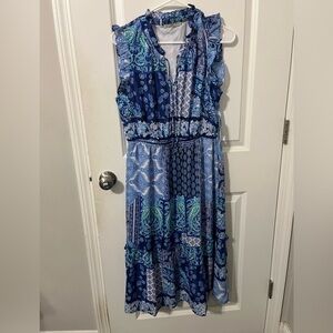 Sunny Leigh blue patchwork maxi midi ruffle‎ sleeve dress NWT